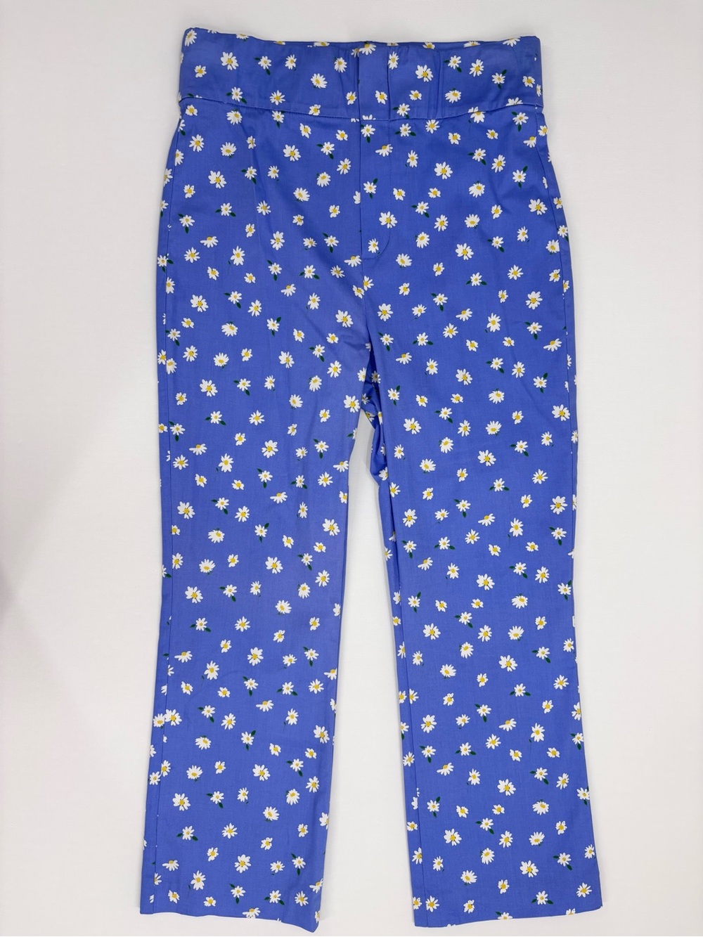 Zara NWOT Cornflower Blue Daisy Print High Waisted Cropped Trousers, Medium